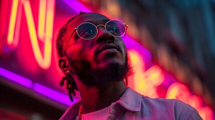 Young man wearing round eyeglasses gazes upward against a vibrant neon light background