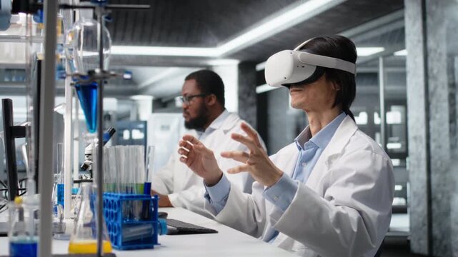 Laboratory scientist using virtual reality tech to process DNA patient data for clinical research. Research facility expert uses VR headset gear to do lab genetic analysis diagnostics, camera A - Powered by Adobe