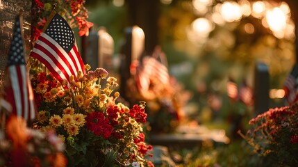 Small patriotic banners adorn vibrant flower arrangements placed near grave markers in soft afternoon light.