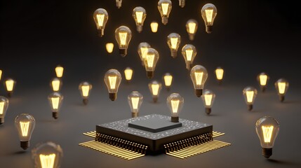 Illuminated antique style bulbs surround a central electronic processing unit