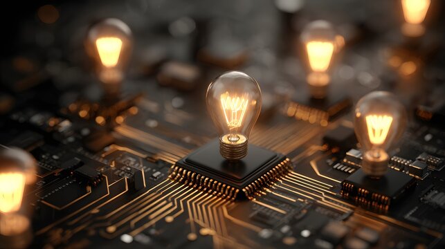 Multiple illuminated incandescent bulbs rest upon dark microchips and electronic circuitry