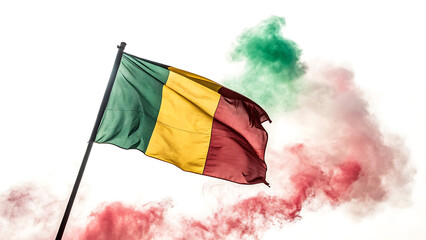 Mali flag waving in the wind with green and red smoke around it