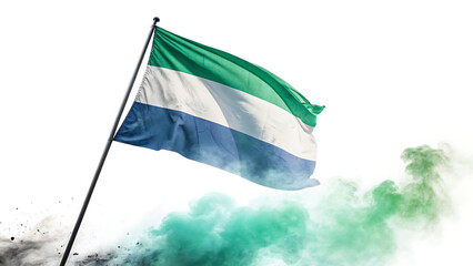 Sierra leone flag waving in the wind with green smoke isolated on white background
