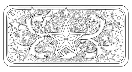 Stars and ribbons coloring page for adults, intricate design for relaxing creative time, perfect for festive holidays