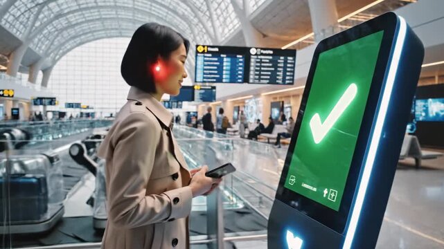 A woman uses a QR code scanner at an airport kiosk. High-tech, futuristic display