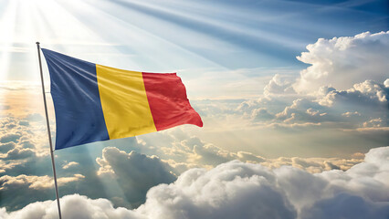 Flag of romania waving in the sky with clouds and sun rays