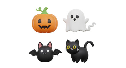 Fototapeta premium Halloween Collection Pumpkin, Ghost, Bat, and Black Cat 3D Illustration