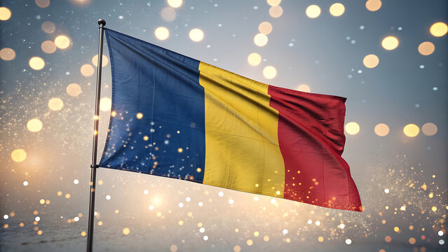 Waving romanian flag with festive bokeh lights at night