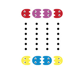 retro game Style Character Chasing Colorful Ghosts on White Background