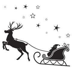 Black silhouette of a reindeer pulling Santa Claus in a sleigh with stars