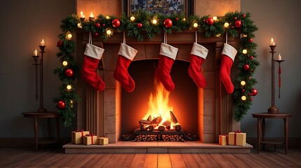 Cozy fireplace decorated for Christmas with stockings, garland, and burning fire.