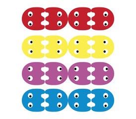 retro game Style Character Chasing Colorful Ghosts on White Background