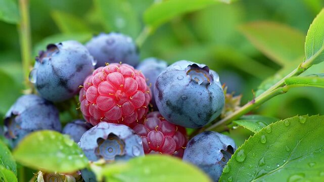 Fresh Blueberries and Raspberries with Green Leaves in a Natural Setting