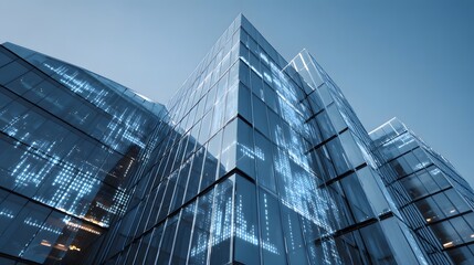 Modern glass skyscrapers reflect glowing digital data patterns against a clear sky