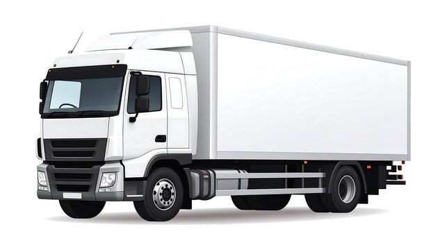 A white transport truck with a large rectangular cargo area, set against a plain white background. The cab is detailed