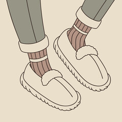 Cozy slippers and socks on a persons feet, perfect for relaxing at home