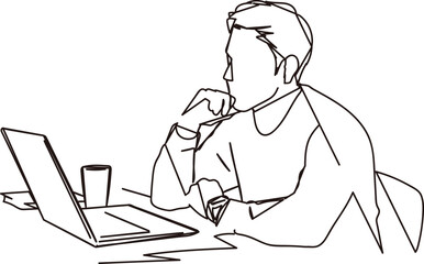 パソコンの前で悩む男性の線画イラスト素材