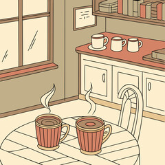 Cozy kitchen scene with hot drinks and a window creating a warm ambiance