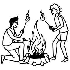 Two friends are roasting marshmallows around a campfire