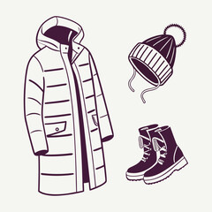 Winter outfit, including a coat, hat, and boots