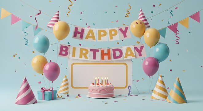 Happy Birthday Celebration Scene with Cake, Balloons, Confetti, and Party Hats