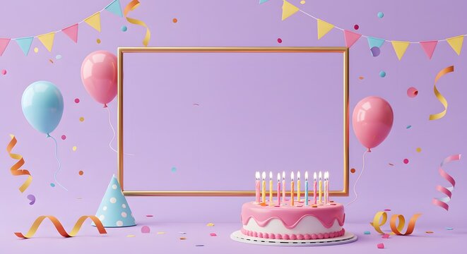 Happy Birthday Celebration Setup with Cake, Balloons, Confetti, and Bunting