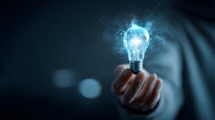 Human hand presenting a glowing incandescent bulb filled with bright blue energy