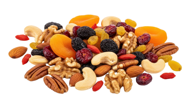 Mix of assorted dried fruits and nuts isolated PNG with Transparent Background