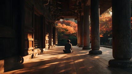 Solitary figure meditates on wooden veranda overlooking autumn foliage during golden hour lighting