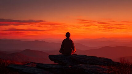 Fototapeta premium Person sits in meditation posture atop a mountain overlooking layered ranges during intense sunset