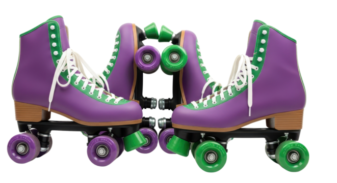 Pair of purple roller skates with green and white details isolated PNG with Transparent Background