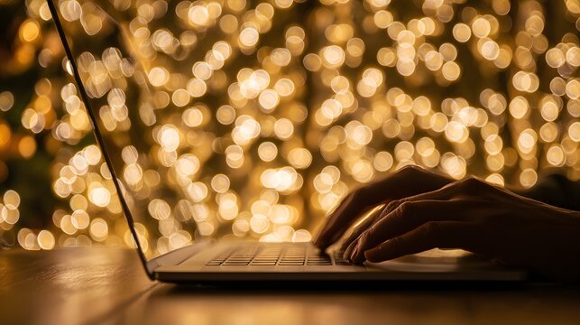 Silhouette of hands actively typing on a portable computer against a warm, glowing backdrop of circular light reflections. - Powered by Adobe