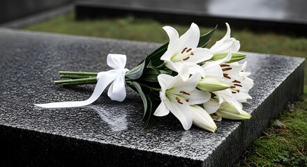 a monochrome bouquet of lilies tied in white ribbon rests on a gravestone.