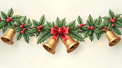Festive Christmas garland featuring golden bells, holly leaves, and red berries, with a decorative bow.