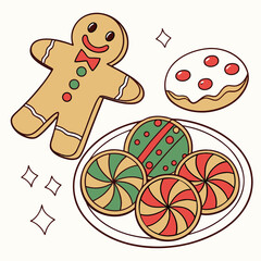 Gingerbread man and decorated cookies on plate vector
