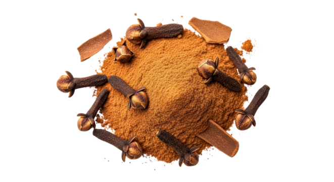 Cinnamon powder with cloves, spices for food flavoring isolated PNG with Transparent Background