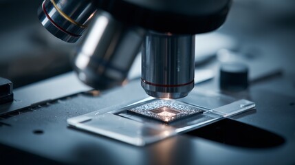 Detailed Close-Up View of a Microscope Focusing on a Slide for Scientific Study and Analysis of Biological Specimens