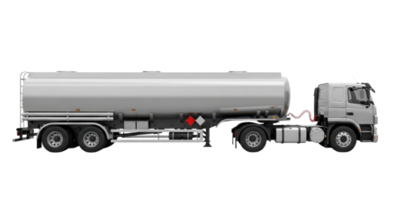Silver metal tank truck for transporting flammable liquids isolated PNG with Transparent Background