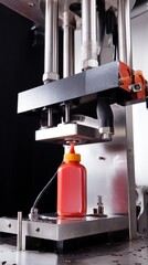 Automated Bottle Capping Machine Processing a Red Container for Product Sealing in a Modern Manufacturing Environment