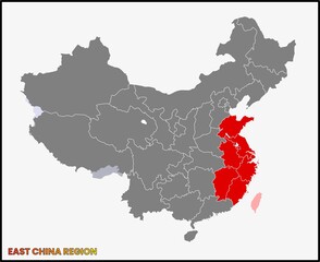 Map highlighting the East China region in red on the country's outline.