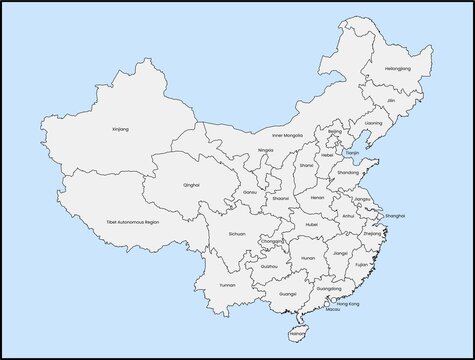 Labeled China map with all state names on a light blue background	