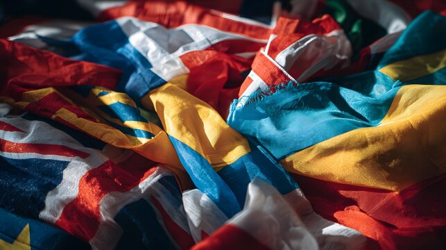 Multiple colorful national flags are intertwined and draped together under bright illumination