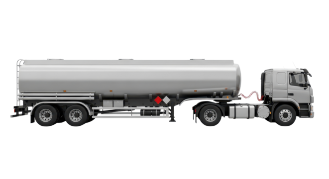 Silver metal tank truck for transporting flammable liquids isolated PNG with Transparent Background