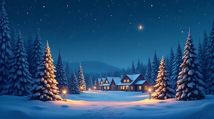 A serene winter night scene showing a snow-covered cabin surrounded by frosted evergreen trees under a starry sky.