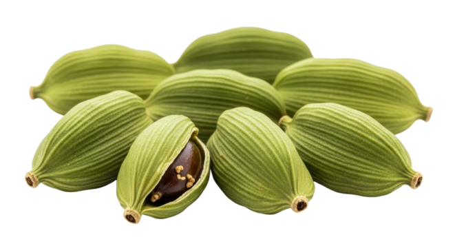 Pile of green cardamom pods, one opened isolated PNG with Transparent Background