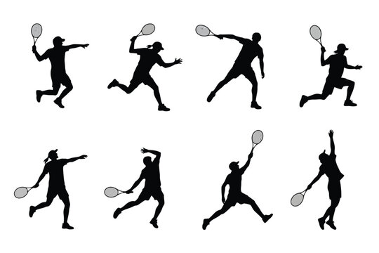 Eight black tennis players in dynamic action poses silhouettes sport