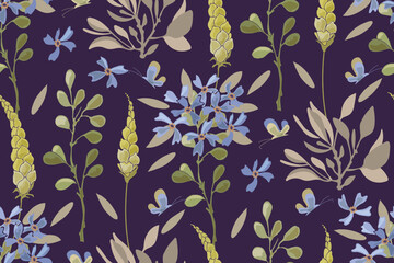 Vector floral seamless pattern with blue flowers and butterflies