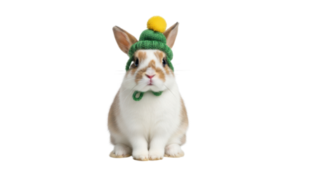 Cute rabbit wearing a green knit hat isolated PNG with Transparent Background