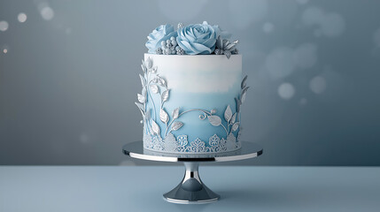 gradient blue celebration cake with silver floral accents and fondant roses on metallic stand