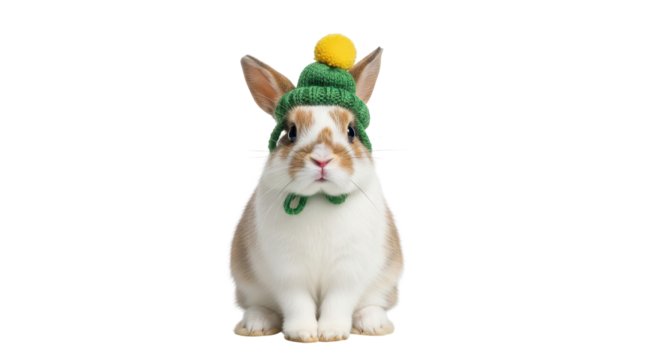 Cute rabbit wearing a green knit hat isolated PNG with Transparent Background